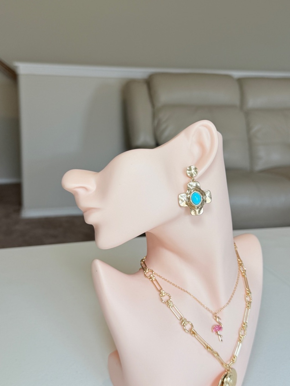 Gold-Tone Turquoise Cross Drop Earrings